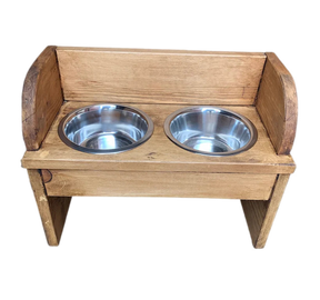Wooden Dog bowl holder with bowls and raised splashback
