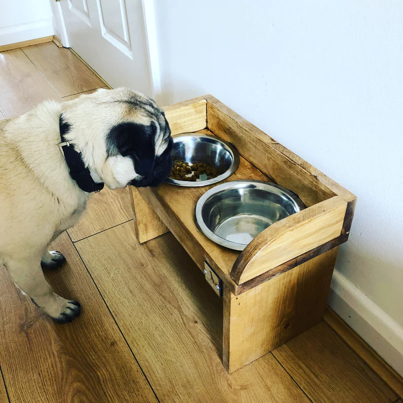 Raised wooden on sale dog bowl stand