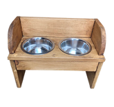 Wooden Dog bowl holder with bowls and raised splashback